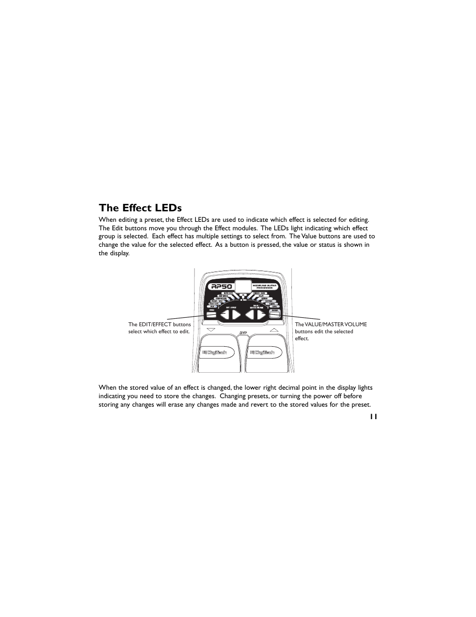 The effect leds | DigiTech RP50 User Manual | Page 15 / 28