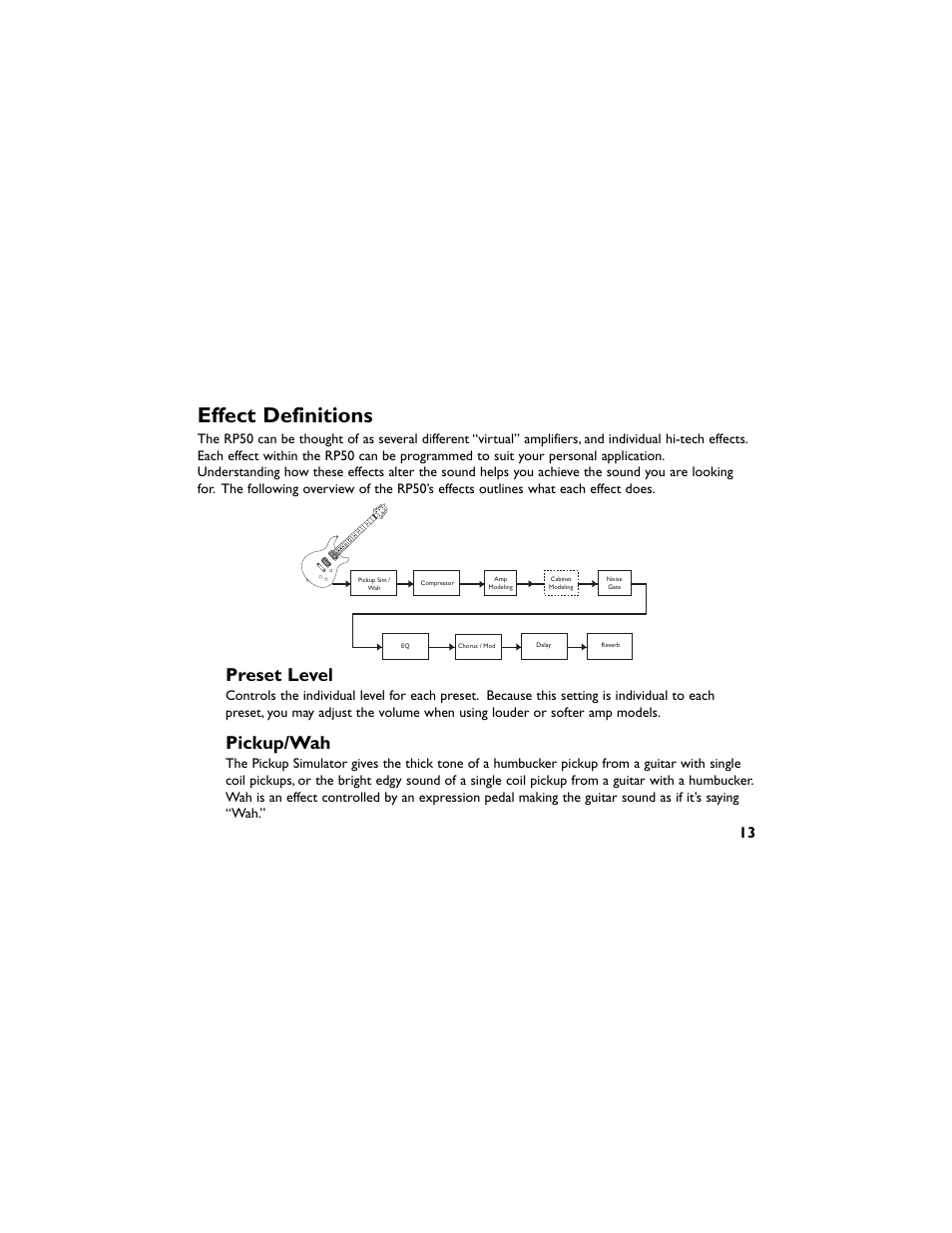 Effect definitions, Preset level, Pickup/wah | DigiTech RP50 User Manual | Page 17 / 28