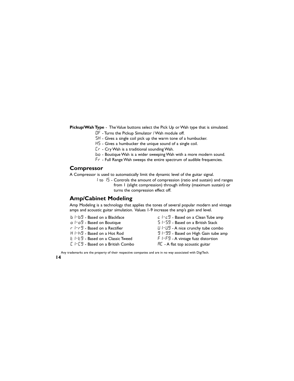 Compressor, Amp/cabinet modeling | DigiTech RP50 User Manual | Page 18 / 28