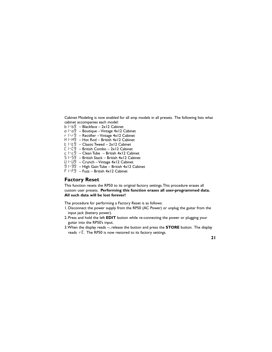 Factory reset | DigiTech RP50 User Manual | Page 25 / 28
