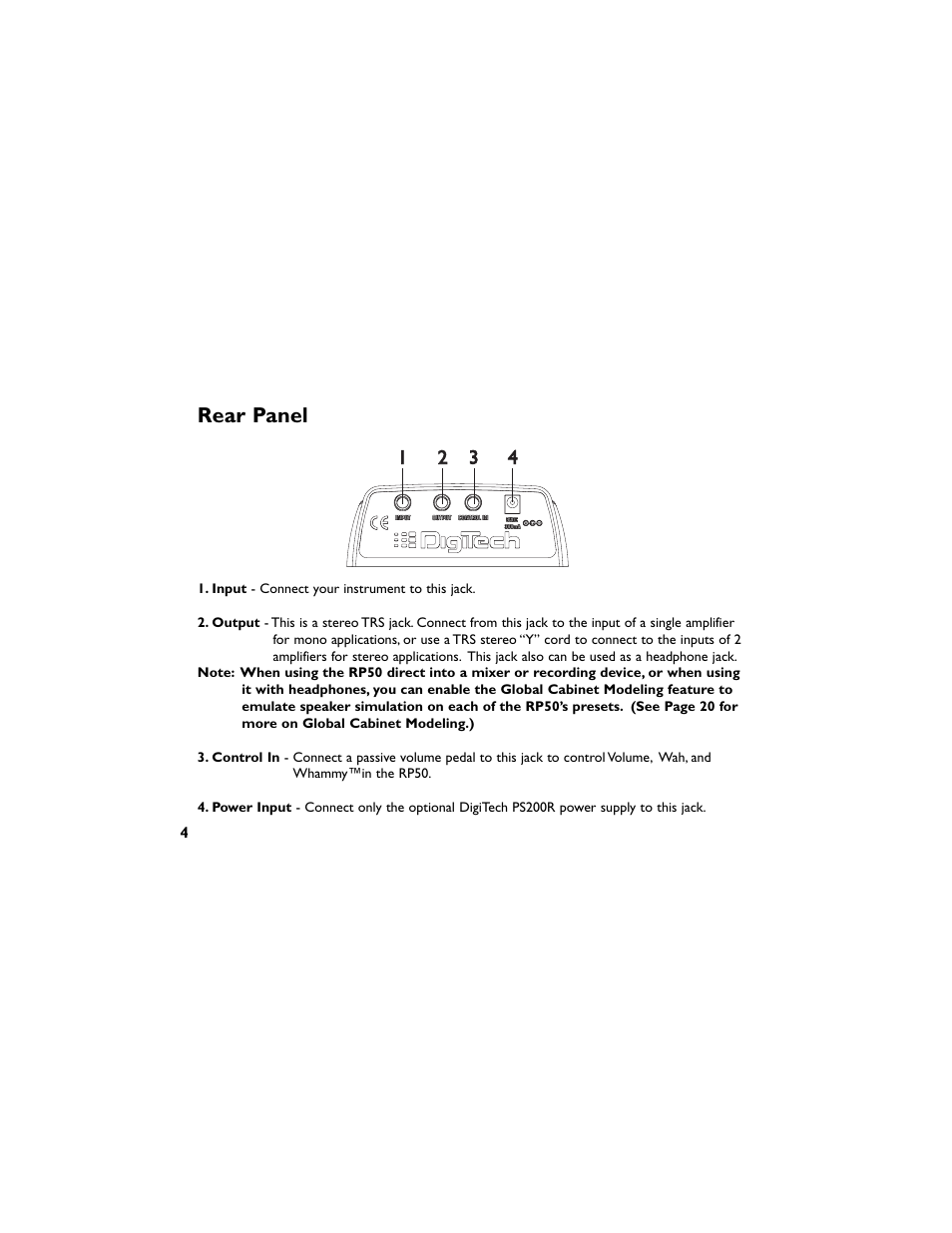 Rear panel | DigiTech RP50 User Manual | Page 8 / 28