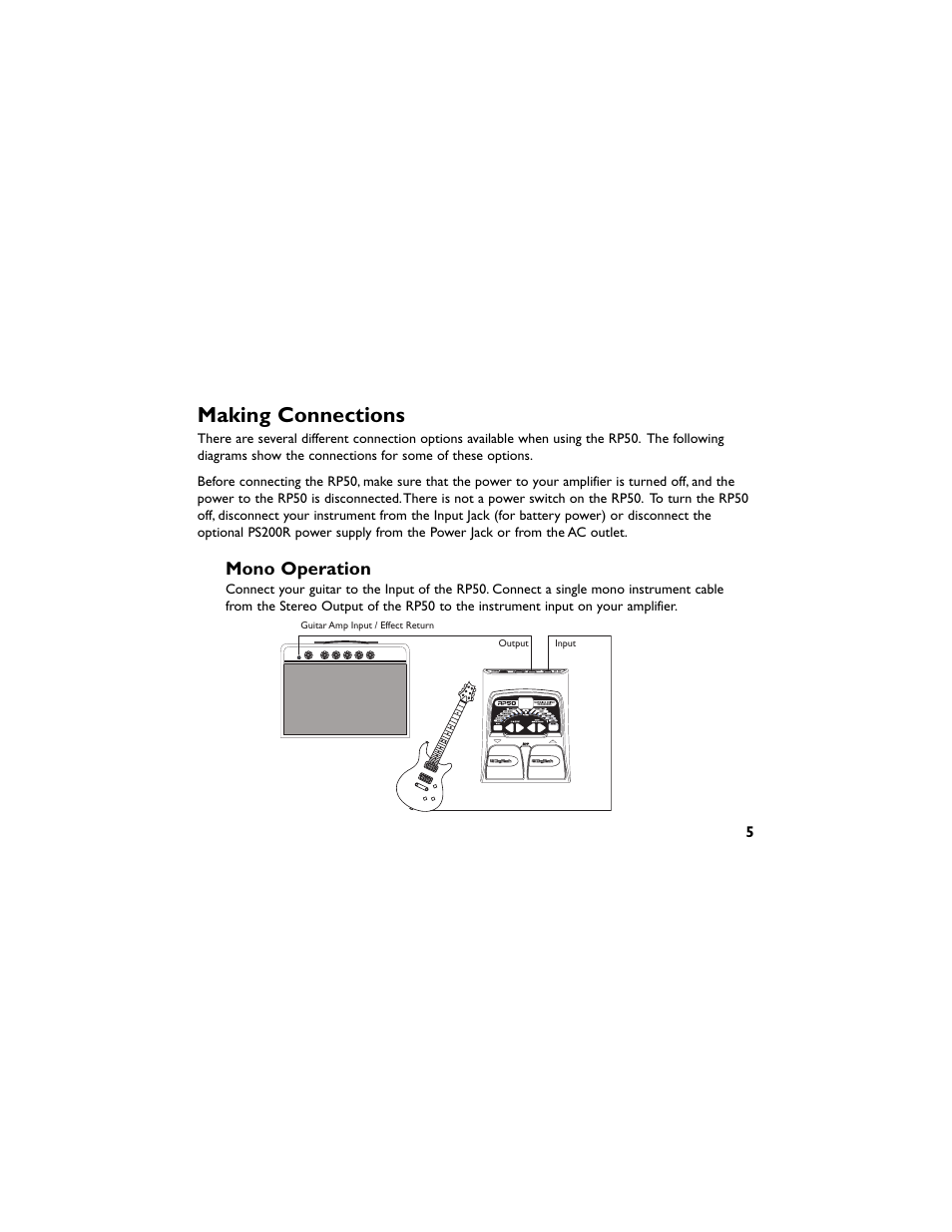 Making connections, Mono operation | DigiTech RP50 User Manual | Page 9 / 28