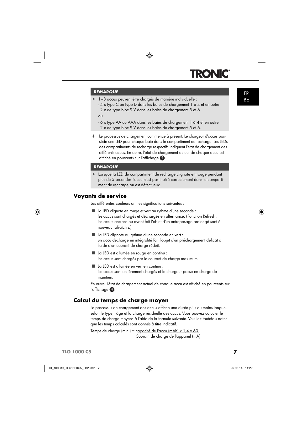 Voyants de service, Calcul du temps de charge moyen, Fr be | Tronic TLG 1000 C5 User Manual | Page 10 / 40