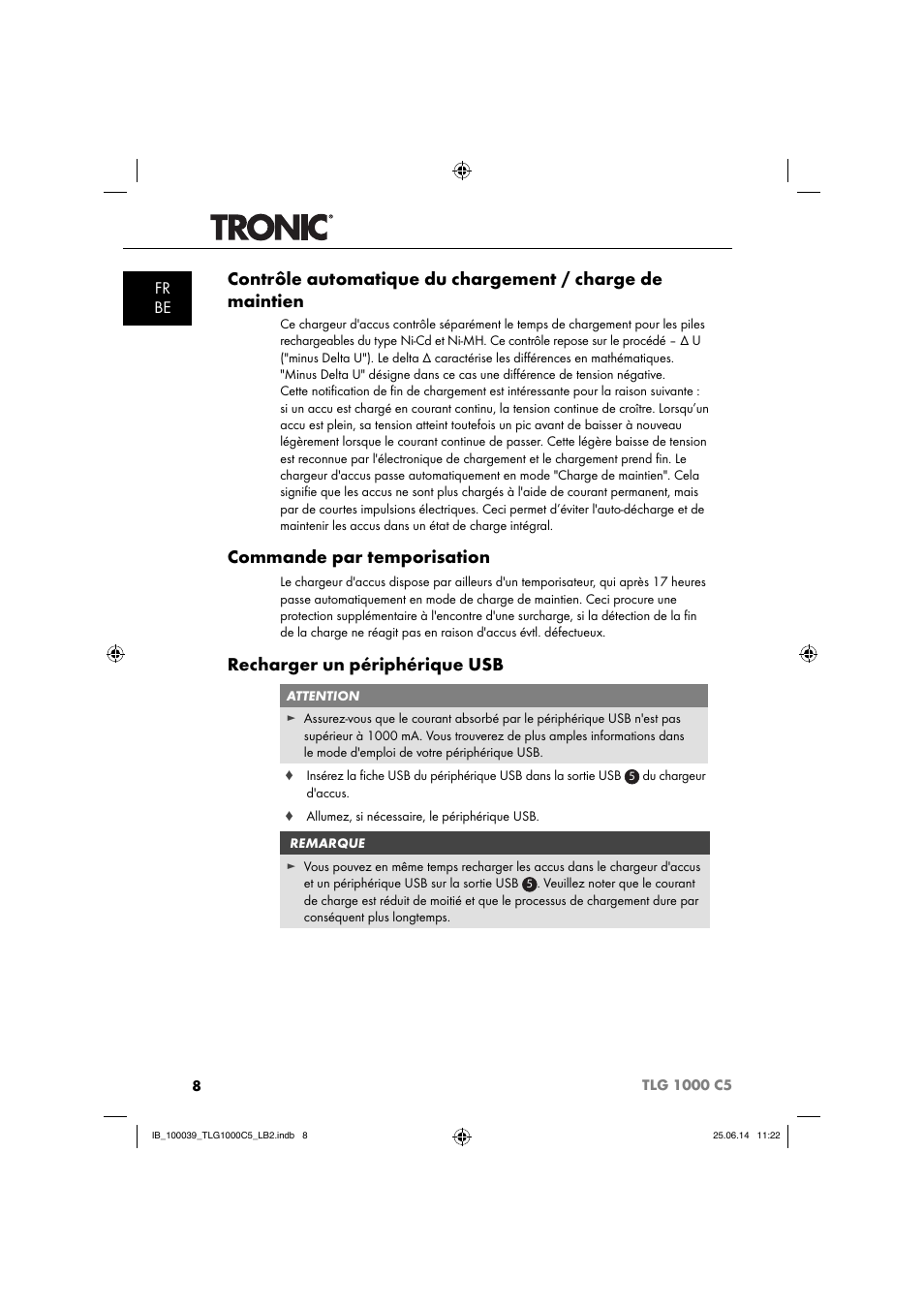 Commande par temporisation, Recharger un périphérique usb, Fr be | Tronic TLG 1000 C5 User Manual | Page 11 / 40