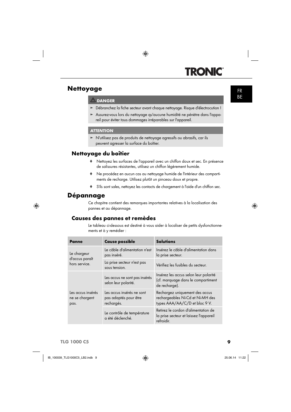 Nettoyage, Dépannage, Nettoyage du boîtier | Causes des pannes et remèdes, Fr be | Tronic TLG 1000 C5 User Manual | Page 12 / 40