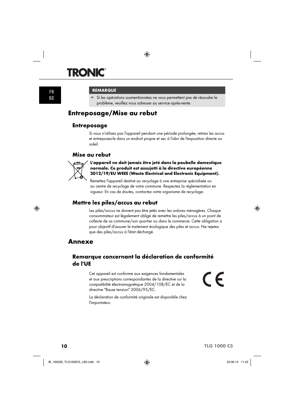 Entreposage/mise au rebut, Annexe, Entreposage | Mise au rebut, Mettre les piles/accus au rebut, Fr be | Tronic TLG 1000 C5 User Manual | Page 13 / 40