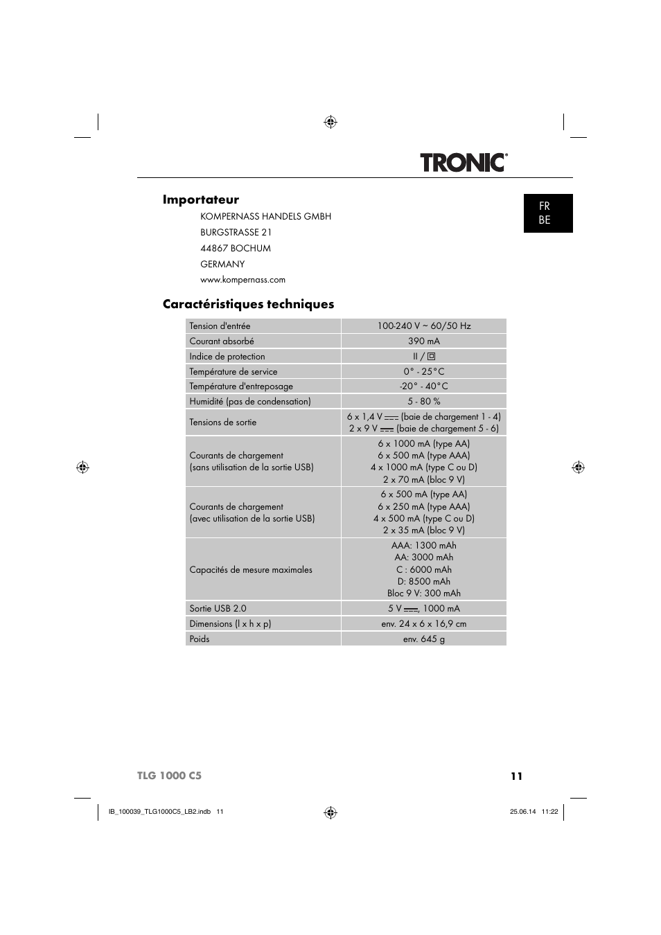 Importateur, Caractéristiques techniques, Fr be | Tronic TLG 1000 C5 User Manual | Page 14 / 40