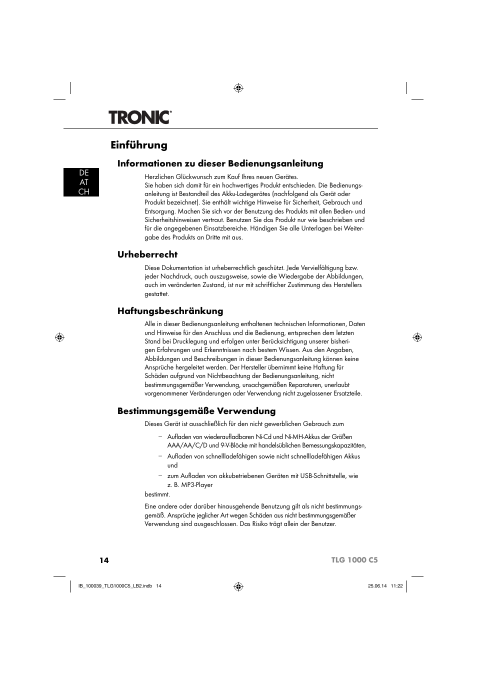 Einführung, Informationen zu dieser bedienungsanleitung, Urheberrecht | Haftungsbeschränkung, Bestimmungsgemäße verwendung, De at ch | Tronic TLG 1000 C5 User Manual | Page 17 / 40