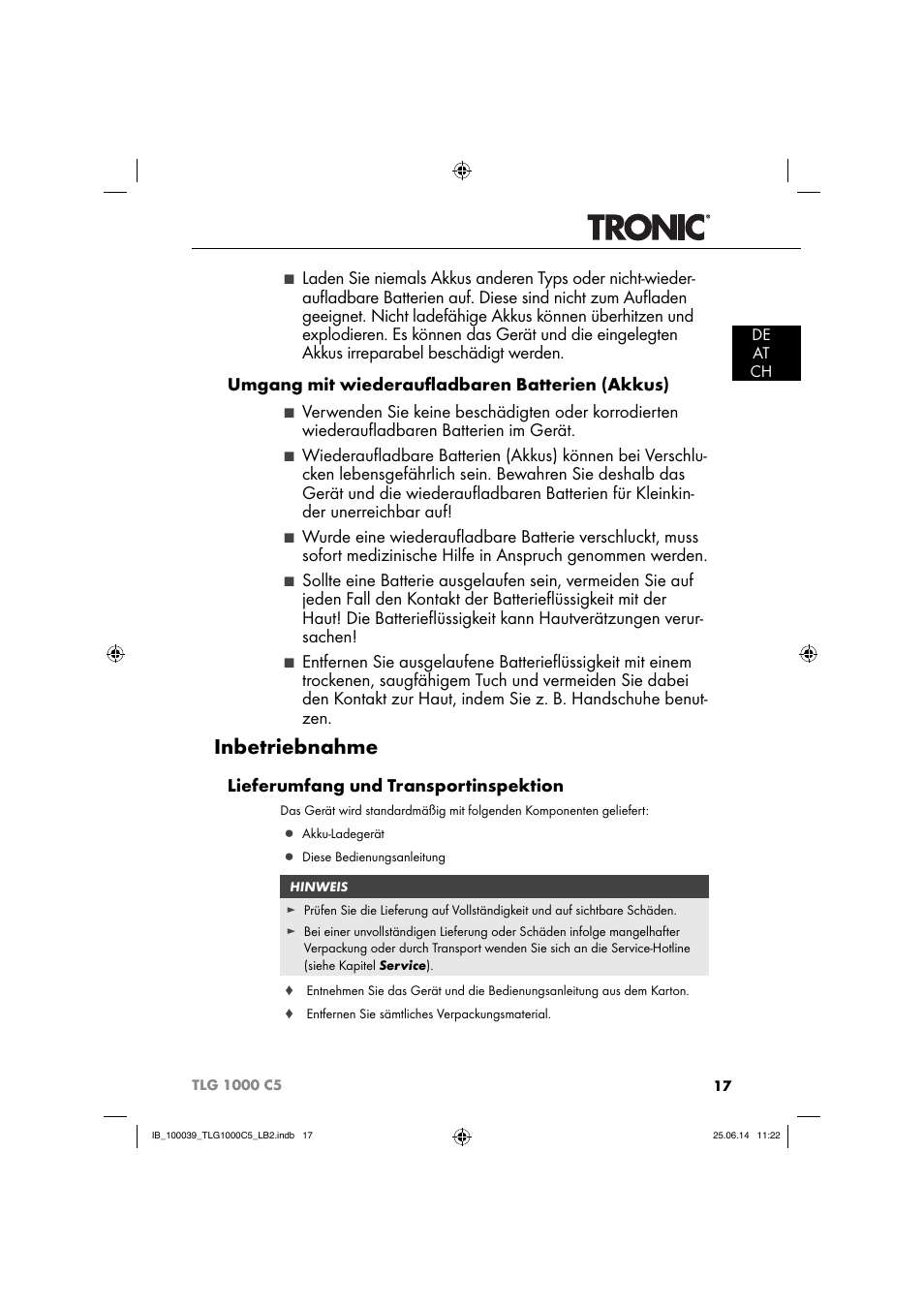 Inbetriebnahme, Lieferumfang und transportinspektion | Tronic TLG 1000 C5 User Manual | Page 20 / 40