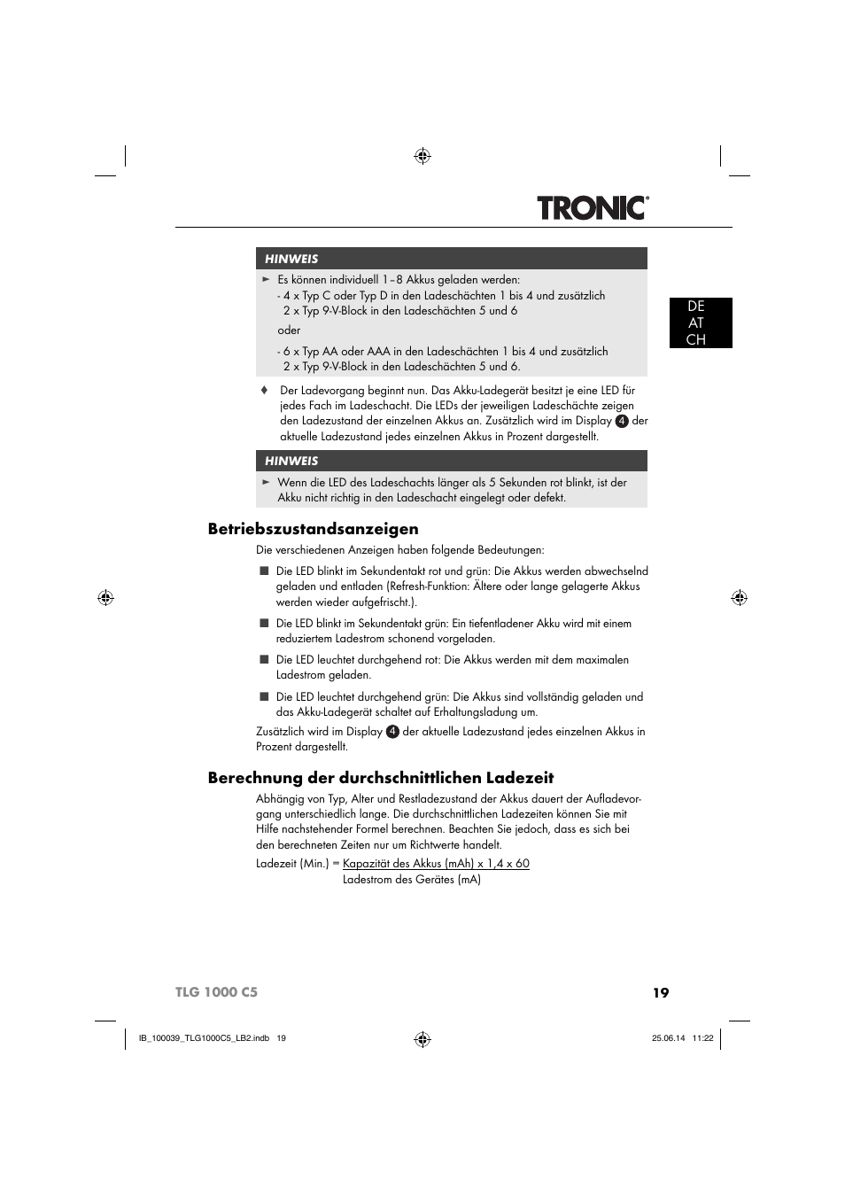 Betriebszustandsanzeigen, Berechnung der durchschnittlichen ladezeit, De at ch | Tronic TLG 1000 C5 User Manual | Page 22 / 40