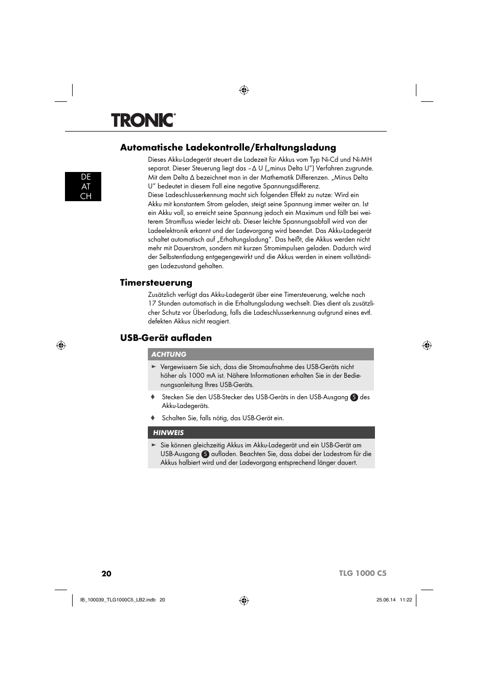 Automatische ladekontrolle/erhaltungsladung, Timersteuerung, Usb-gerät auﬂ aden | De at ch | Tronic TLG 1000 C5 User Manual | Page 23 / 40