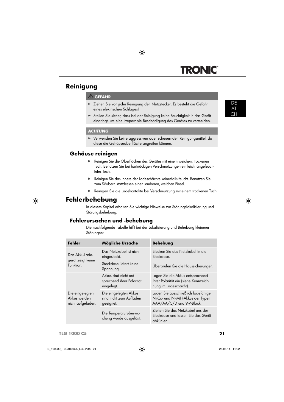 Reinigung, Fehlerbehebung, Gehäuse reinigen | Fehlerursachen und -behebung, De at ch | Tronic TLG 1000 C5 User Manual | Page 24 / 40