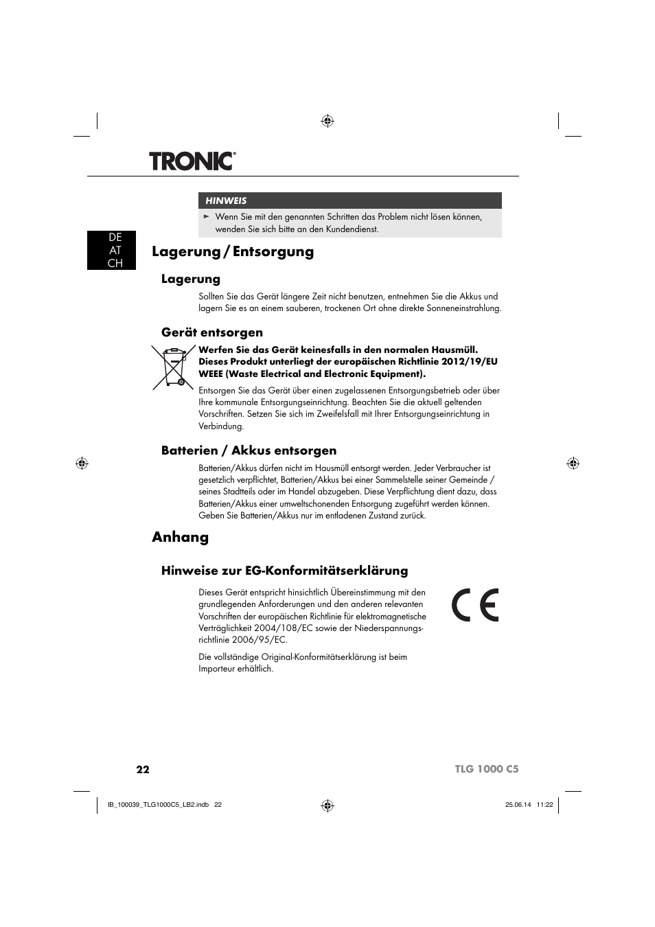 Lagerung / entsorgung, Anhang, Lagerung | Gerät entsorgen, Batterien / akkus entsorgen, Hinweise zur eg-konformitätserklärung | Tronic TLG 1000 C5 User Manual | Page 25 / 40