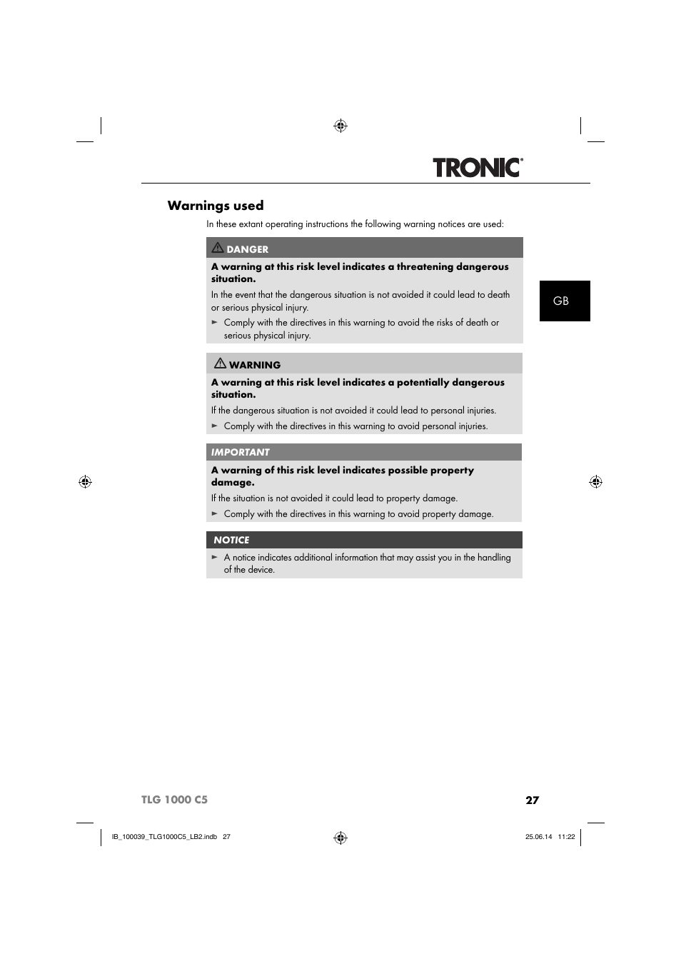 Warnings used | Tronic TLG 1000 C5 User Manual | Page 30 / 40