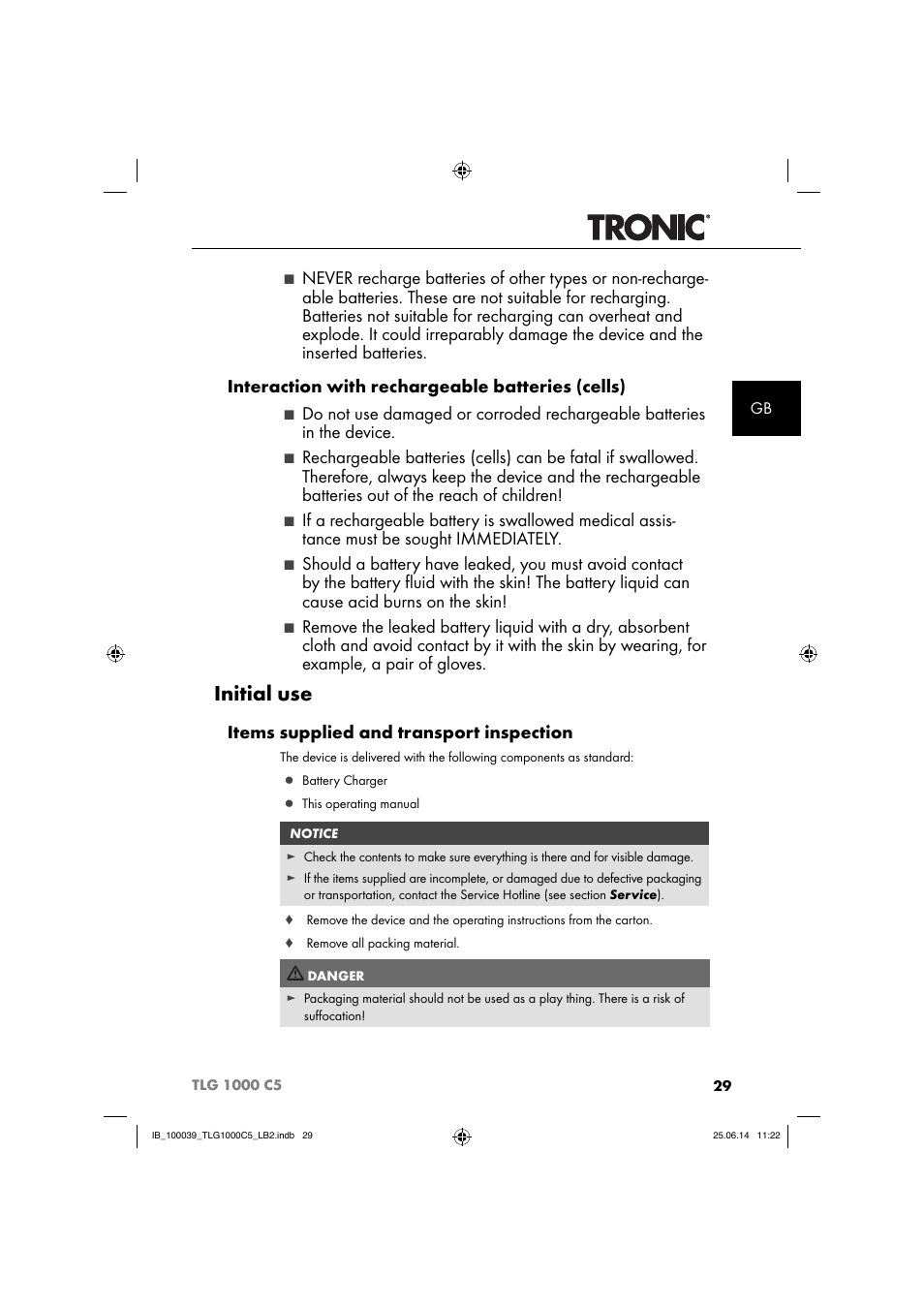 Initial use, Items supplied and transport inspection | Tronic TLG 1000 C5 User Manual | Page 32 / 40