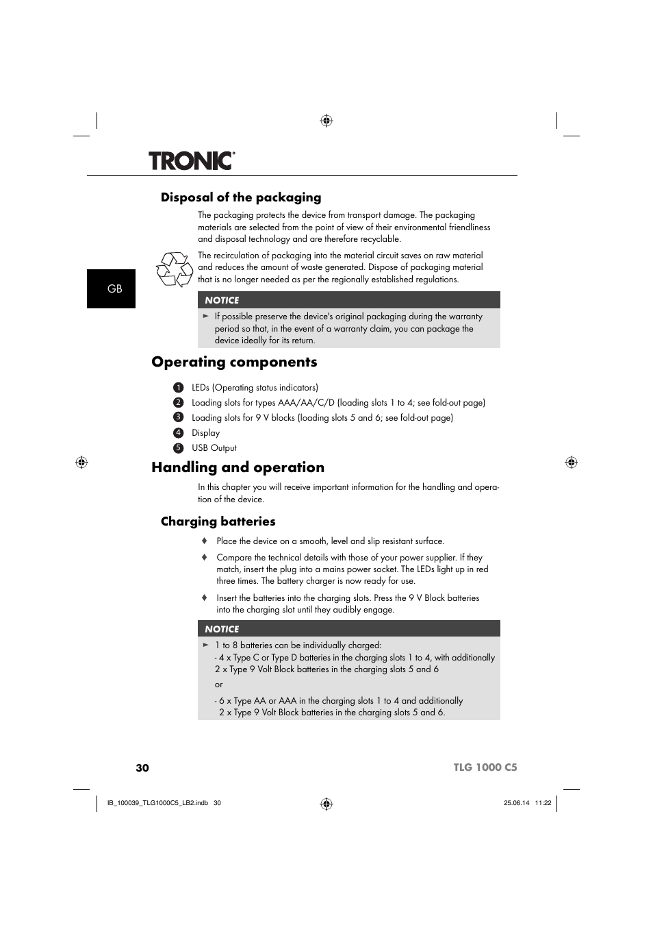 Operating components, Handling and operation, Disposal of the packaging | Charging batteries | Tronic TLG 1000 C5 User Manual | Page 33 / 40