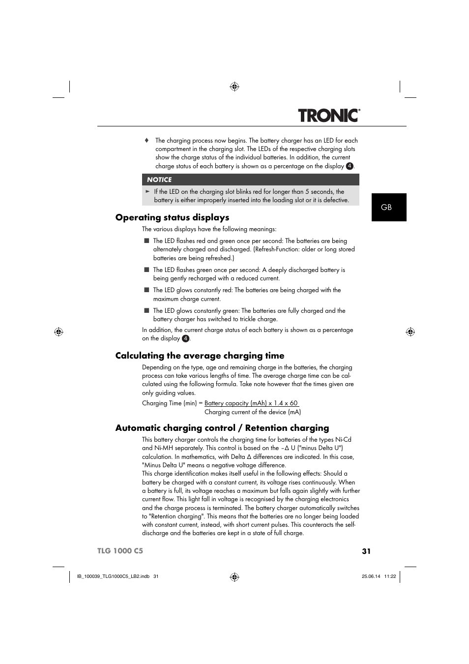 Operating status displays, Calculating the average charging time, Automatic charging control / retention charging | Tronic TLG 1000 C5 User Manual | Page 34 / 40