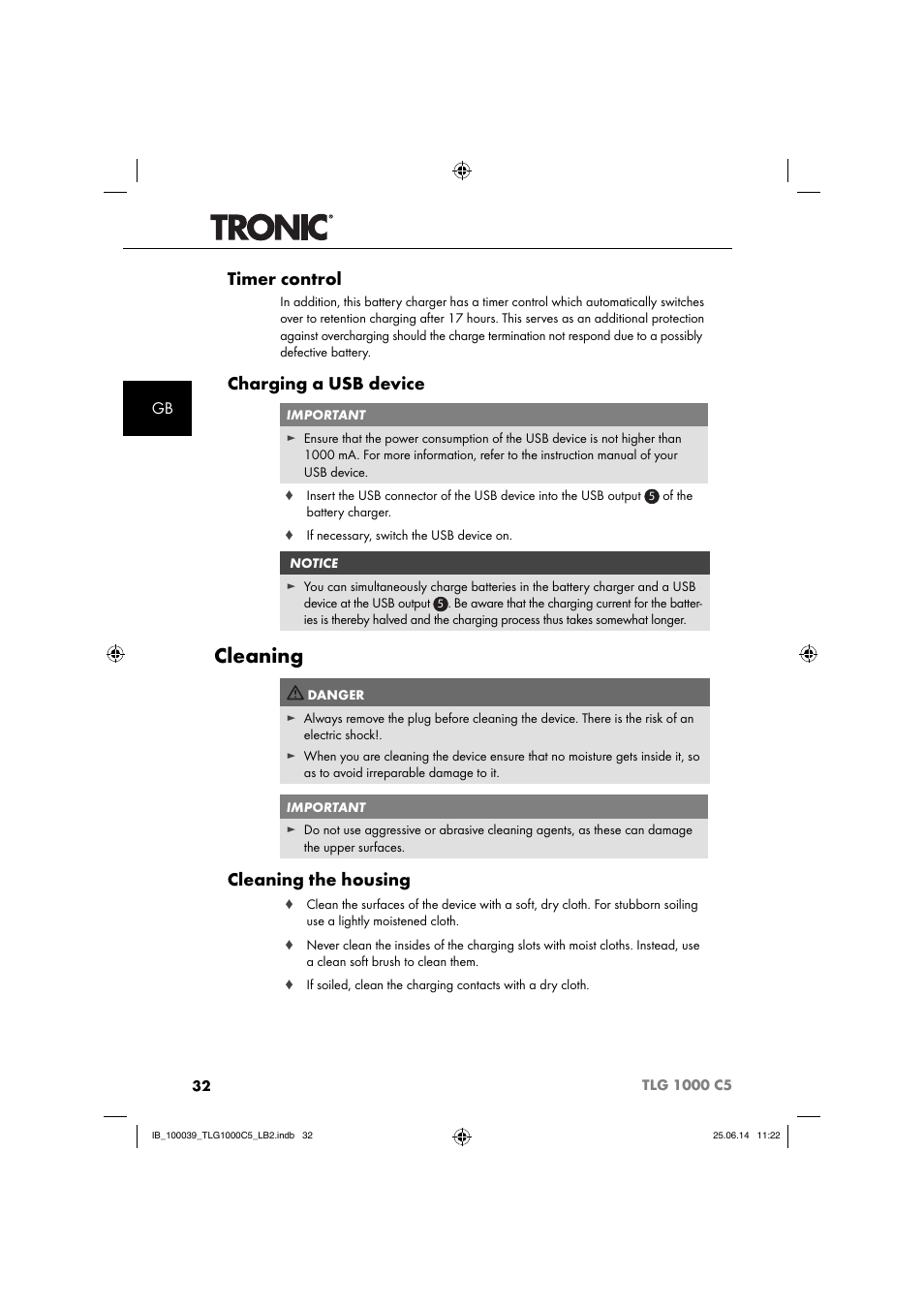 Cleaning, Timer control, Charging a usb device | Cleaning the housing | Tronic TLG 1000 C5 User Manual | Page 35 / 40