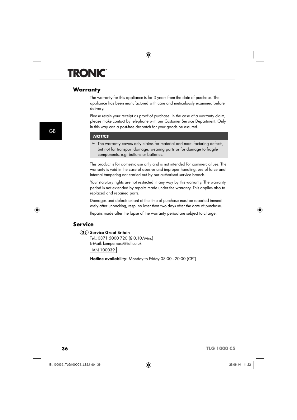 Warranty, Service | Tronic TLG 1000 C5 User Manual | Page 39 / 40