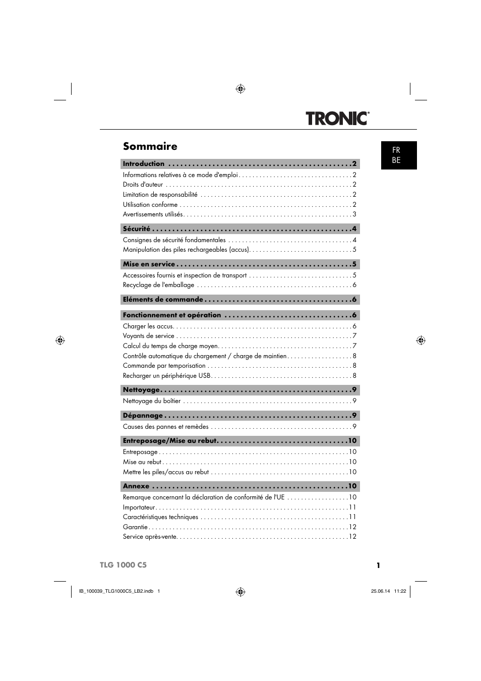 Sommaire, Fr be | Tronic TLG 1000 C5 User Manual | Page 4 / 40