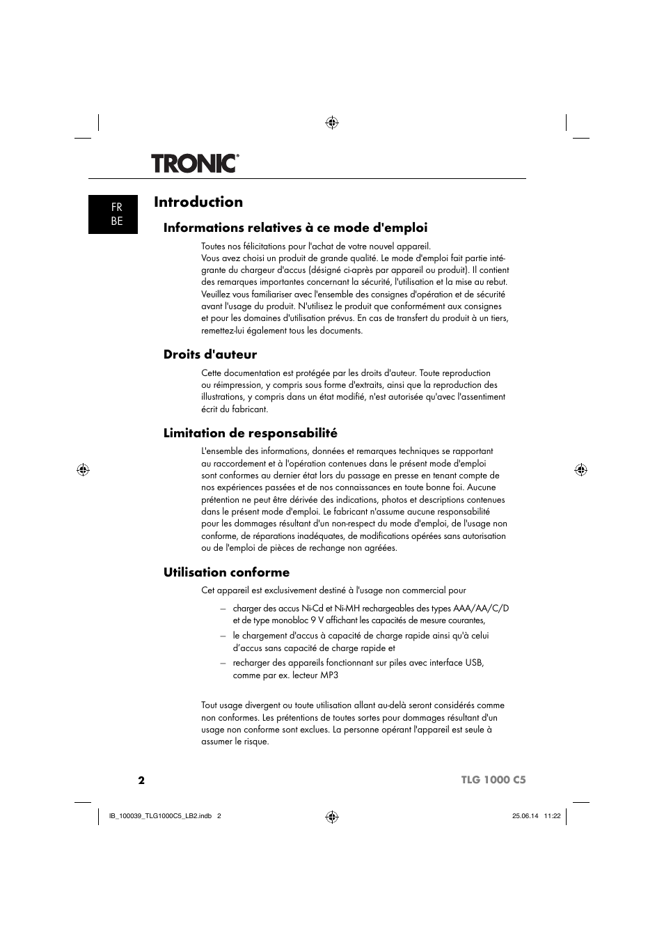 Introduction, Informations relatives à ce mode d'emploi, Droits d'auteur | Limitation de responsabilité, Utilisation conforme, Fr be | Tronic TLG 1000 C5 User Manual | Page 5 / 40