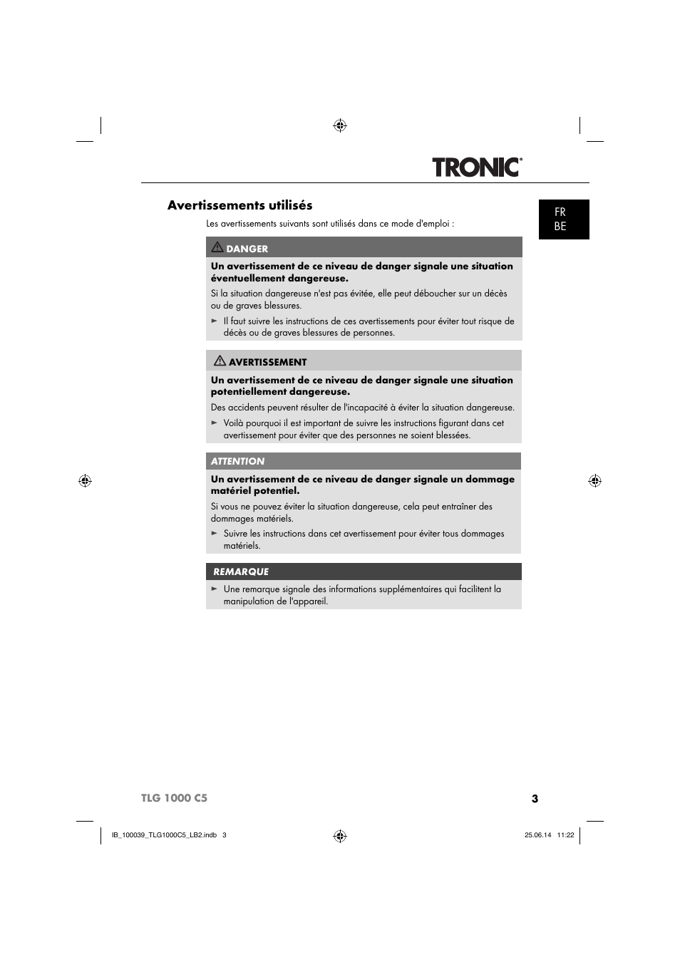 Avertissements utilisés, Fr be | Tronic TLG 1000 C5 User Manual | Page 6 / 40