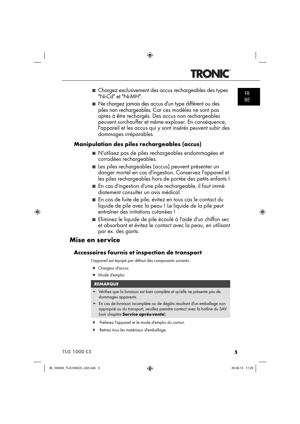 Mise en service, Accessoires fournis et inspection de transport | Tronic TLG 1000 C5 User Manual | Page 8 / 40