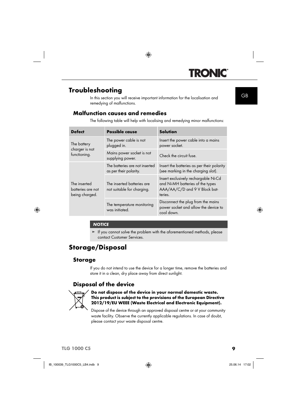 Troubleshooting, Storage/disposal, Malfunction causes and remedies | Storage, Disposal of the device | Tronic TLG 1000 C5 User Manual | Page 12 / 76