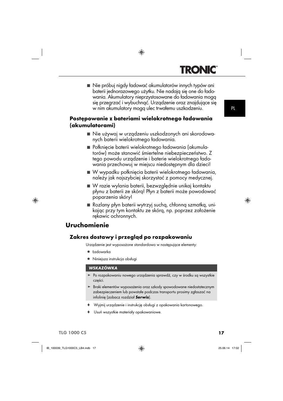 Uruchomienie, Zakres dostawy i przegląd po rozpakowaniu | Tronic TLG 1000 C5 User Manual | Page 20 / 76