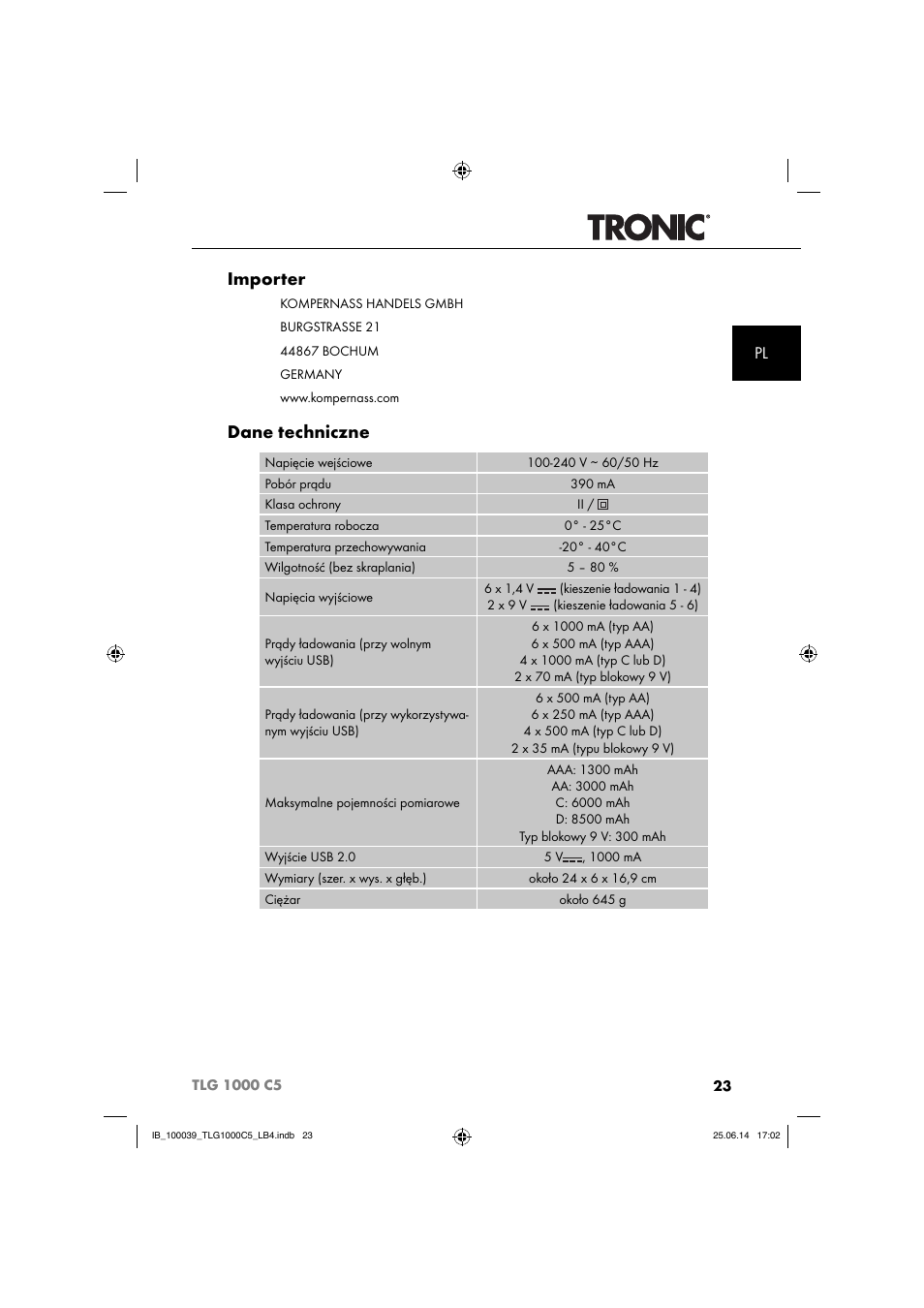 Importer, Dane techniczne | Tronic TLG 1000 C5 User Manual | Page 26 / 76