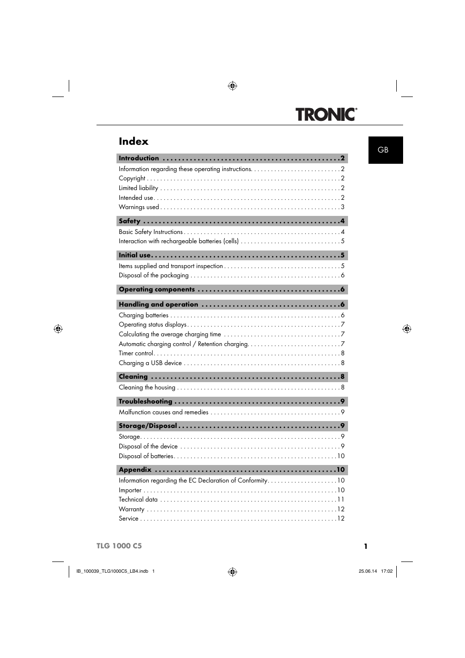 Index | Tronic TLG 1000 C5 User Manual | Page 4 / 76