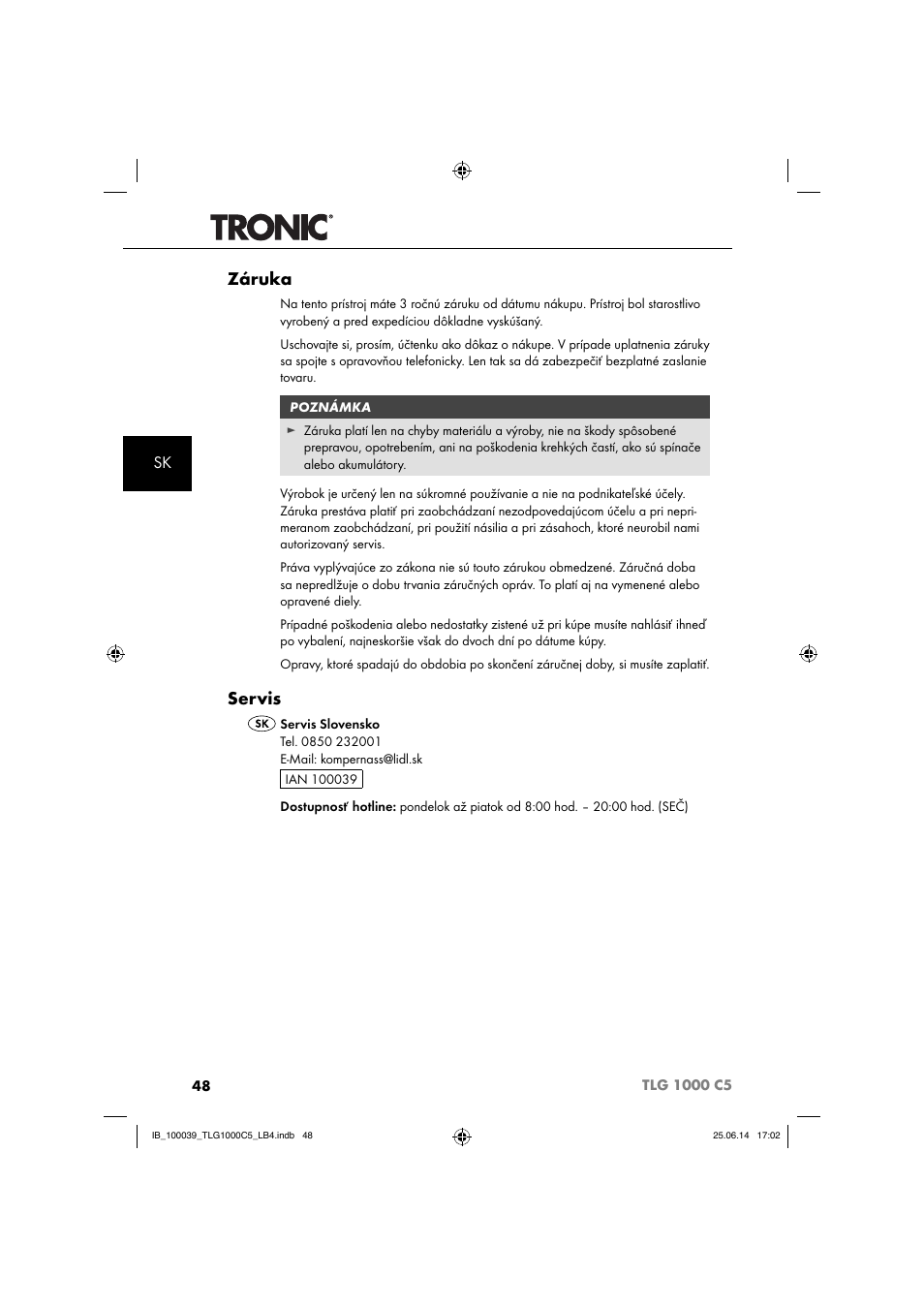 Záruka, Servis | Tronic TLG 1000 C5 User Manual | Page 51 / 76