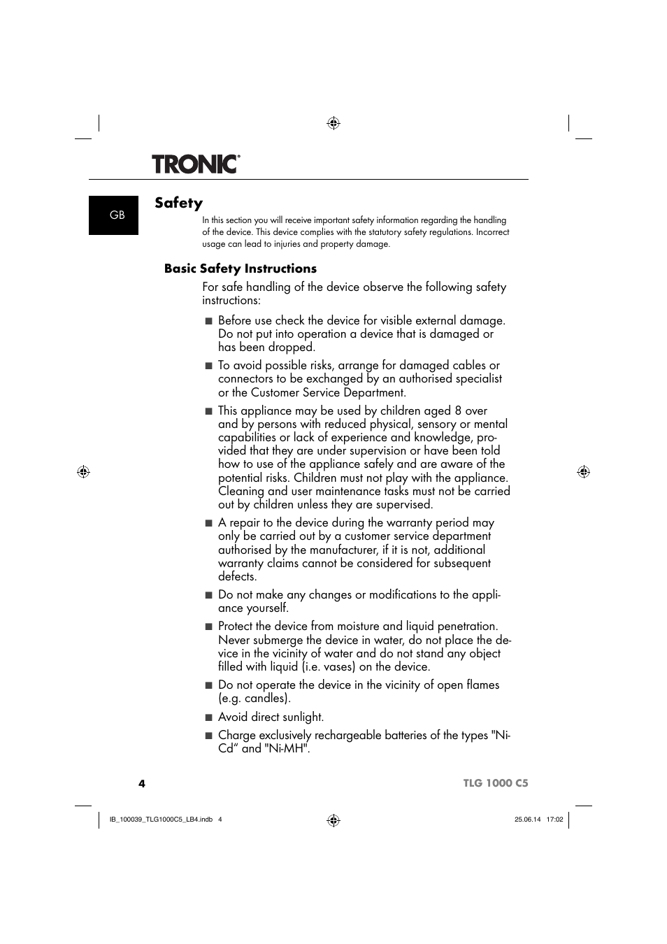 Safety | Tronic TLG 1000 C5 User Manual | Page 7 / 76