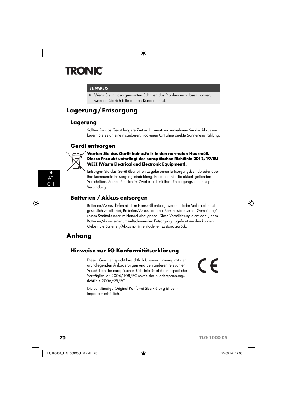 Lagerung / entsorgung, Anhang, Lagerung | Gerät entsorgen, Batterien / akkus entsorgen, Hinweise zur eg-konformitätserklärung | Tronic TLG 1000 C5 User Manual | Page 73 / 76