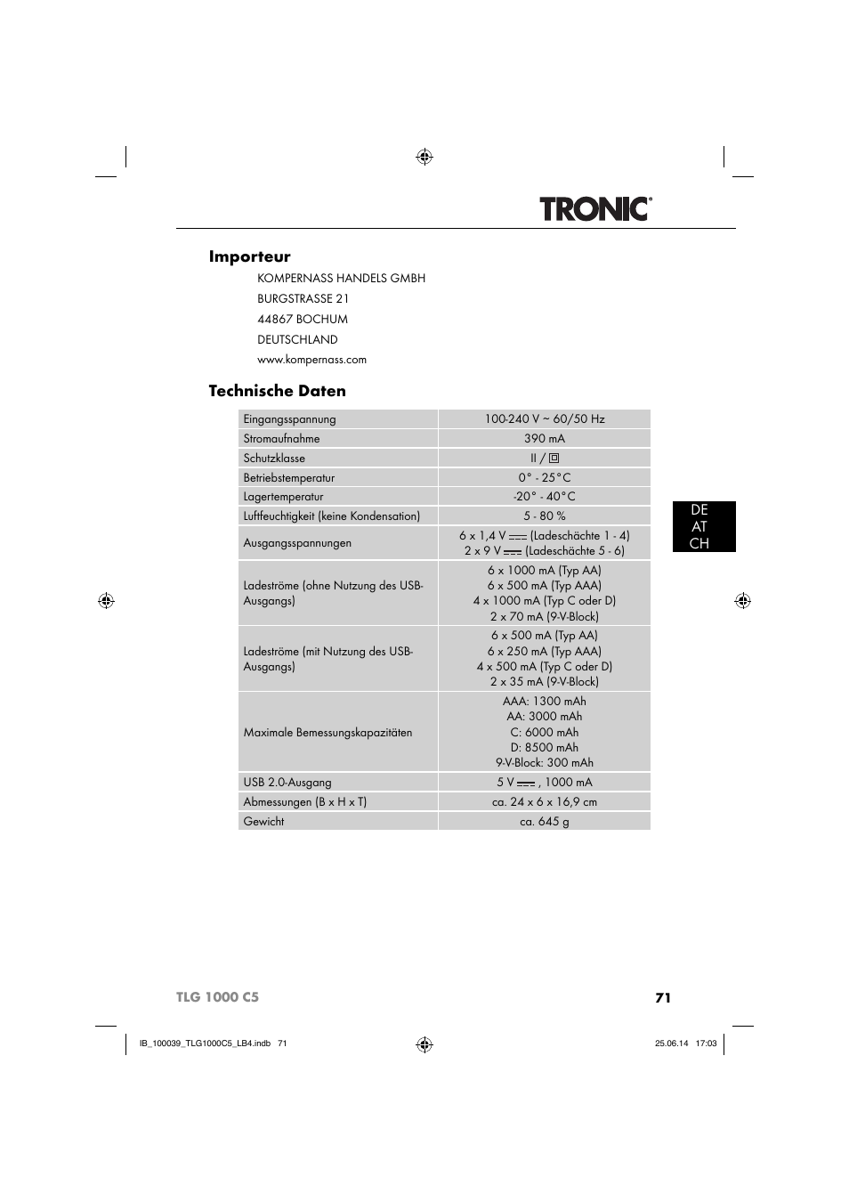 Importeur, Technische daten, De at ch | Tronic TLG 1000 C5 User Manual | Page 74 / 76