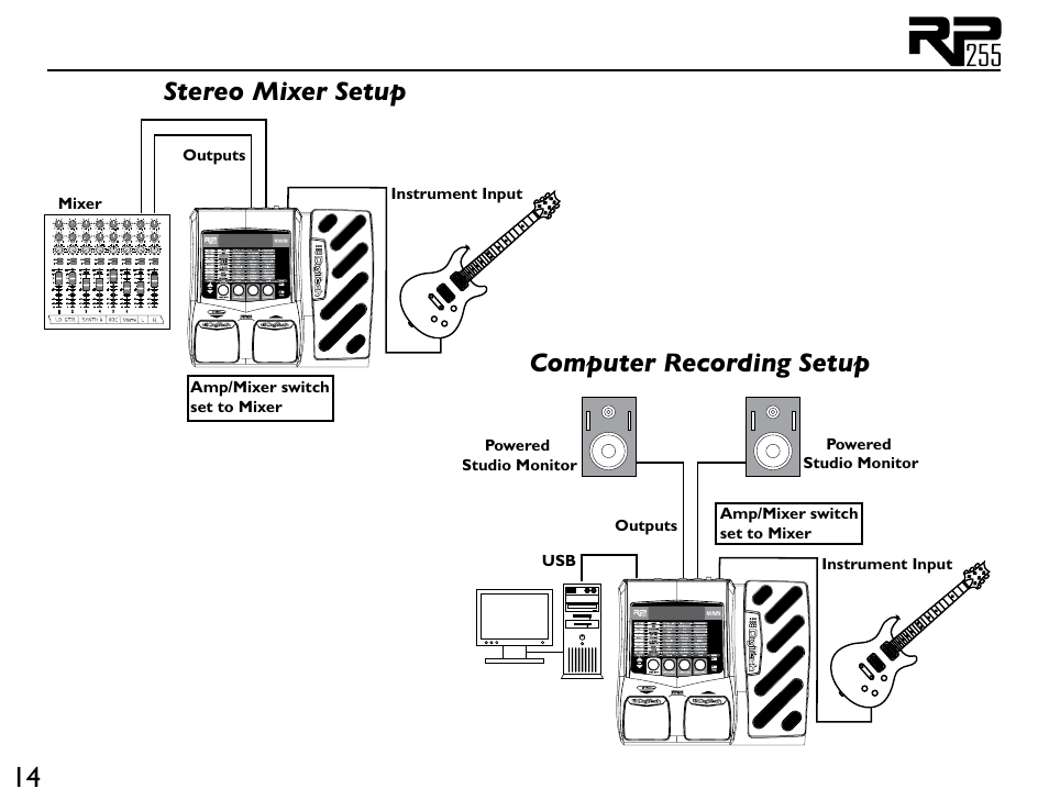 Stereo mixer setup computer recording setup | DigiTech RP255 User Manual | Page 20 / 56