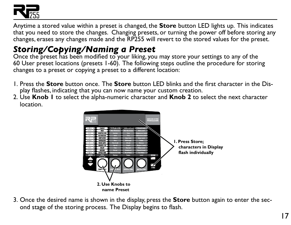 Storing/copying/naming a preset | DigiTech RP255 User Manual | Page 23 / 56