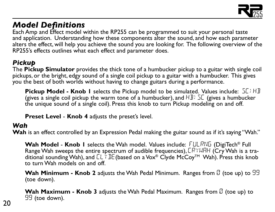 Model definitions | DigiTech RP255 User Manual | Page 26 / 56