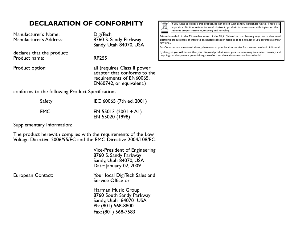 Declaration of conformity | DigiTech RP255 User Manual | Page 3 / 56