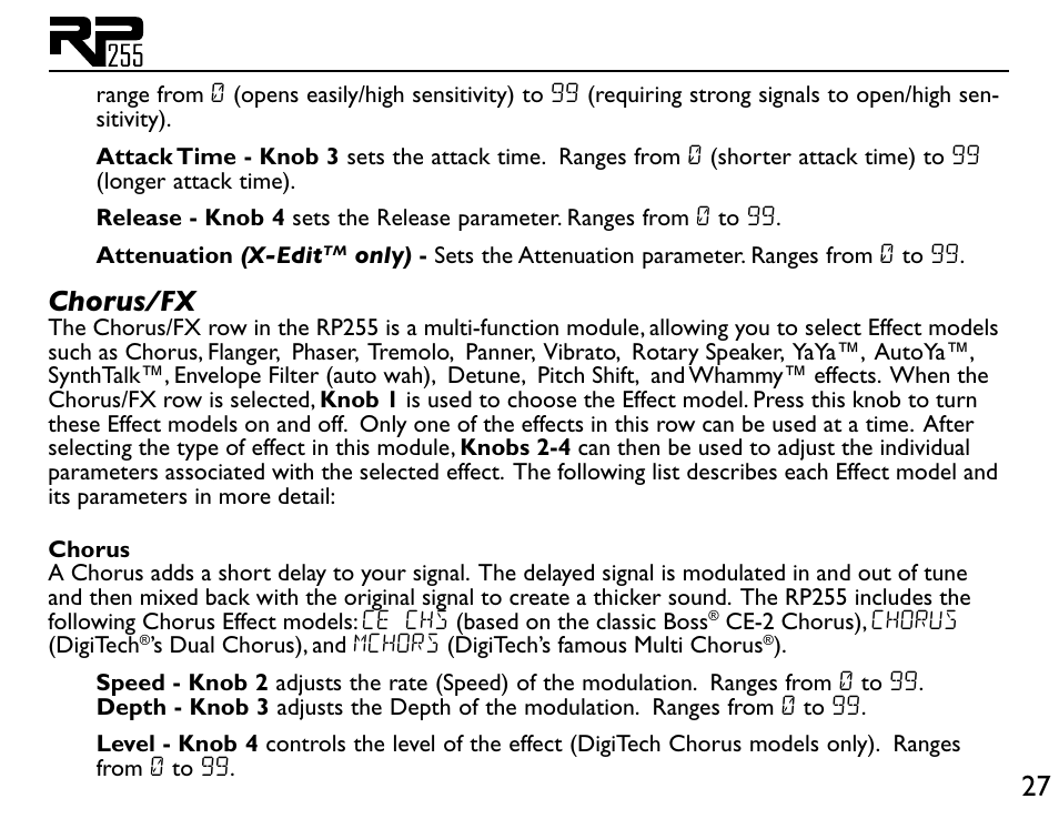 Chorus/fx | DigiTech RP255 User Manual | Page 33 / 56