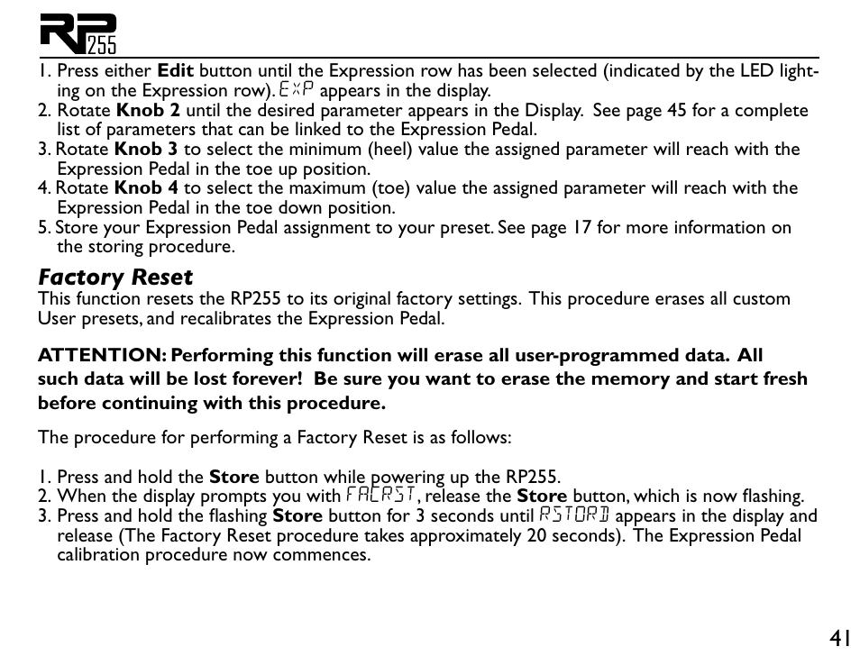 Factory reset | DigiTech RP255 User Manual | Page 47 / 56
