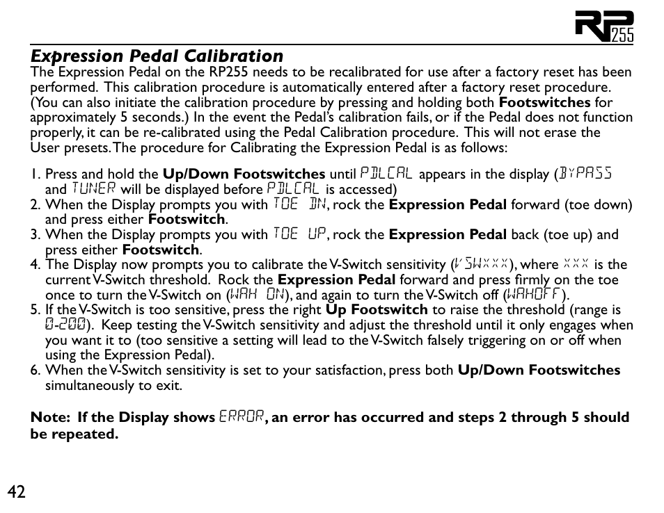 42 expression pedal calibration | DigiTech RP255 User Manual | Page 48 / 56