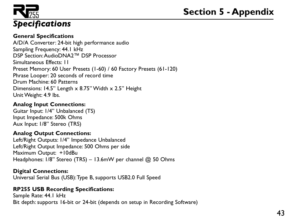Specifications | DigiTech RP255 User Manual | Page 49 / 56
