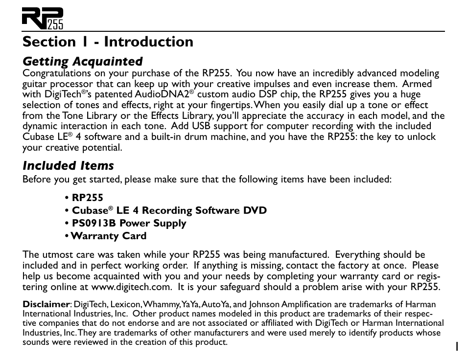 Getting acquainted, Included items | DigiTech RP255 User Manual | Page 7 / 56