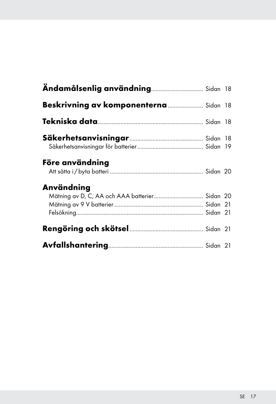 Ändamålsenlig användning, Beskrivning av komponenterna, Tekniska data | Säkerhetsanvisningar, Före användning, Användning, Rengöring och skötsel, Avfallshantering | Tronic H12276 User Manual | Page 17 / 47