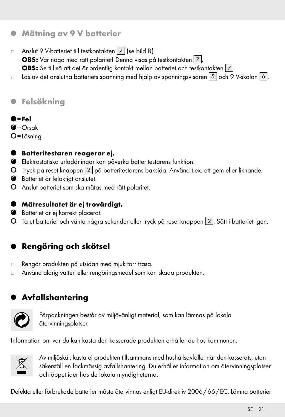 Mätning av 9 v batterier, Felsökning, Rengöring och skötsel | Avfallshantering | Tronic H12276 User Manual | Page 21 / 47
