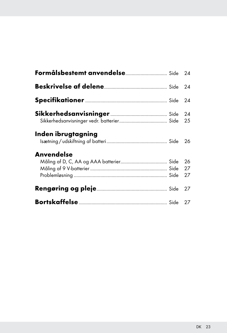 Formålsbestemt anvendelse, Beskrivelse af delene, Specifikationer | Sikkerhedsanvisninger, Inden ibrugtagning, Anvendelse, Rengøring og pleje, Bortskaffelse | Tronic H12276 User Manual | Page 23 / 47