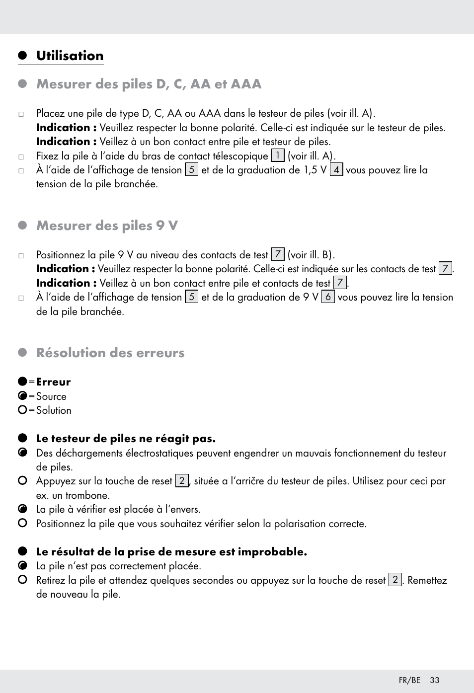 Utilisation, Mesurer des piles d, c, aa et aaa, Mesurer des piles 9 v | Résolution des erreurs | Tronic H12276 User Manual | Page 33 / 47