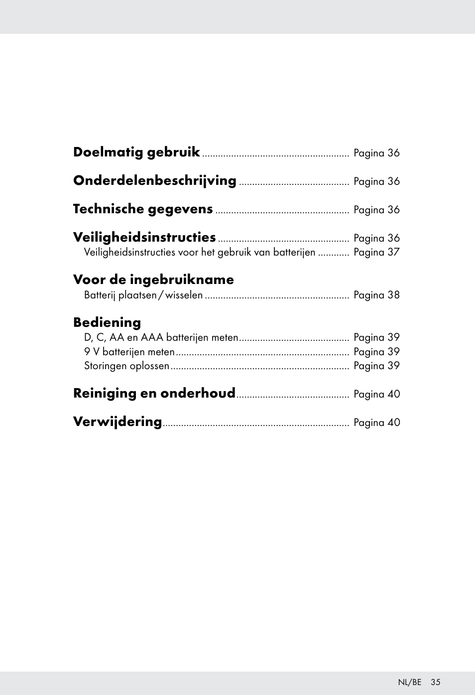 Doelmatig gebruik, Onderdelenbeschrijving, Technische gegevens | Veiligheidsinstructies, Voor de ingebruikname, Bediening, Reiniging en onderhoud, Verwijdering | Tronic H12276 User Manual | Page 35 / 47