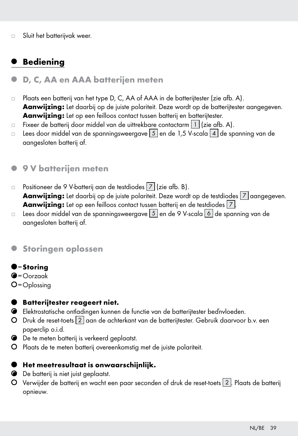 Bediening, D, c, aa en aaa batterijen meten, 9 v batterijen meten | Storingen oplossen | Tronic H12276 User Manual | Page 39 / 47